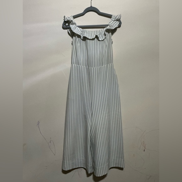 English Factory Pants - English Factory White and Black Striped Off-Shoulder Cropped Jumpsuit
